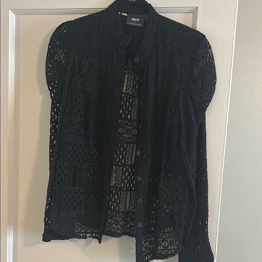 Maje Black Lace Long Sleeve Button Down Top